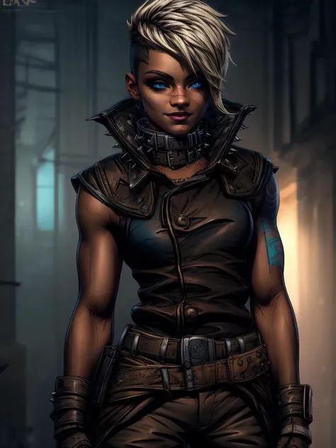 RAW photo, (intricate details, high detailed skin, detailed eyes:1.1), best quality, 8k uhd, soft lighting, 1girl, solo, Tyreen, white hair,blue eyes,two-tone hair, dark skin, blue left arm tattoo, (scars on face:1.1), undercut, eyeshadow, eyebrow cut, dark makeup, TyrCoat, fingerless gloves ,sleeveless, belt, spikes, boots, pants, collar, shirt, brown attire, smug smile <lora:TyreenCalypso-10v3:0.7> <lora:add_detail:1>