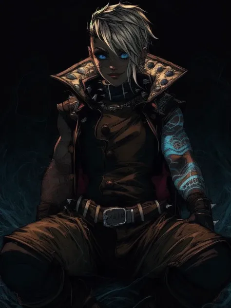 RAW photo, (intricate details, high detailed skin, detailed eyes:1.1), best quality, 8k uhd, soft lighting, 1girl, solo, Tyreen, white hair,blue eyes,two-tone hair, dark skin, blue left arm tattoo, (scars on face:1.1), undercut, eyeshadow, eyebrow cut, dark makeup, TyrCoat, fingerless gloves ,sleeveless, belt, spikes, boots, pants, collar, shirt, brown attire, smug smile, dark theme, paint style <lora:Name:1> <lora:TyreenCalypso-10v3:0.7>