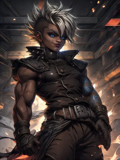 RAW photo, (intricate details, high detailed skin, detailed eyes:1.1), best quality, 8k uhd, soft lighting, 1girl, solo, Tyreen, white hair,blue eyes,two-tone hair, dark skin, blue left arm tattoo, (scars on face:1.1), undercut, eyeshadow, eyebrow cut, dark makeup, TyrCoat, fingerless gloves ,sleeveless, belt, spikes, boots, pants, collar, shirt, brown attire, smug smile, SAIYA, super Saiyan <lora:SAIYA_20230713174446:1> <lora:TyreenCalypso-10v3:0.7>