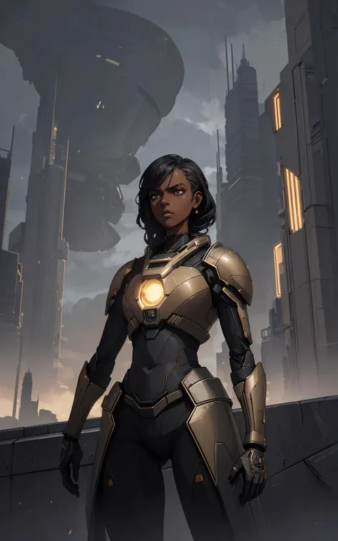 (style of 2D Digital Paintings:1.5),  (intense dramatic lighting), ((darkskinned woman in scifi militarystyle uniform standing in front of mechatank)), sharp angles, embellished with intricate gold braiding and medals, commanding posture, (dystopian cityscape in the background), ominous clouds, deep shadows, sense of urgency and power,