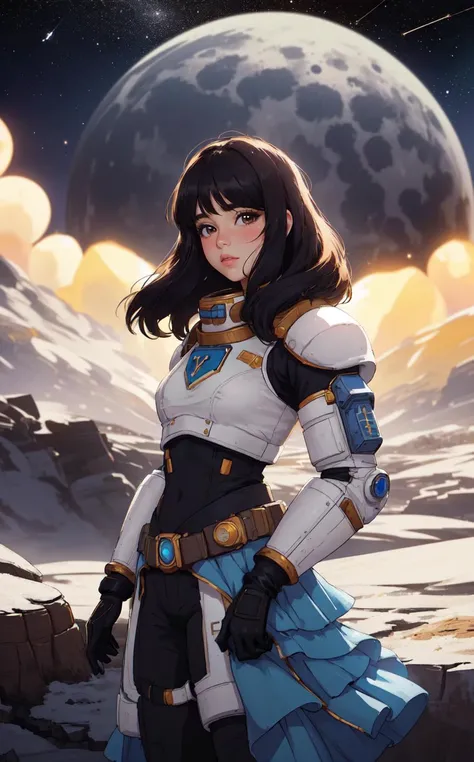(Sheriff of a Lunar Town, Space Western:1.1), Imagine a small, dome-covered town on the moon's surface. The woman sheriff patrols the dusty streets, wearing a badge that sparkles under the Earthlight. Her outfit is a blend of traditional Western wear with modern, protective gear suitable for the lunar environment. She keeps peace among the town's diverse inhabitants, from miners to interstellar travelers. (Layered Depth, Parallax Effect, Soft focus foreground, Painted Scenery:1.4),(style of [Cathleen McAllister|Ilya Kuvshinov|Loish|Daniela Uhlig|Ross Tran]:1.3),