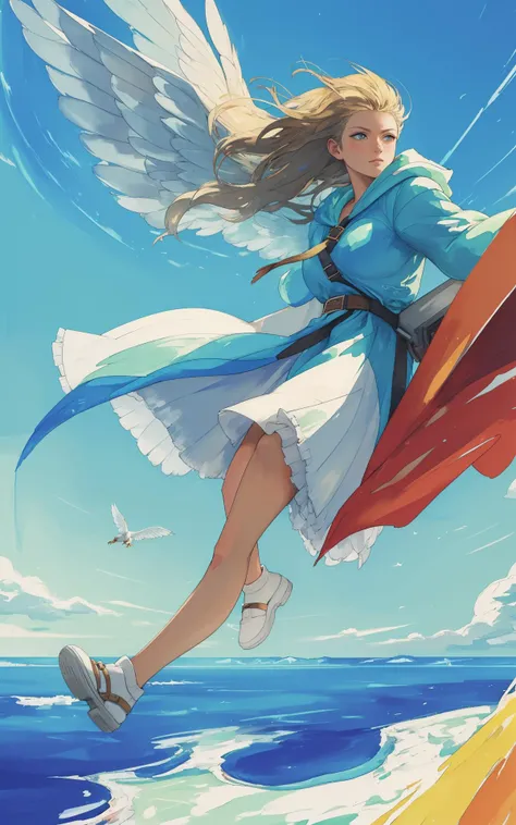 (style of Tempera:1.5),  (Wind Rider:1.4), (Full Breasts:0.81), Skyhigh cliffs, soaring birds, windblown hair, feathered cloak
