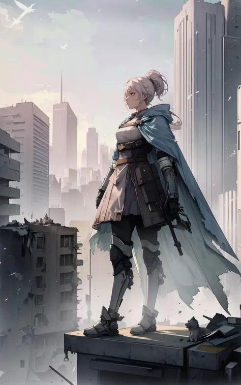 (style of Pastels:1.5),  A post-apocalyptic warrior woman stands atop a ruined skyscraper, gazing at the horizon, her cloak billowing, with a robotic wolf companion at her side.