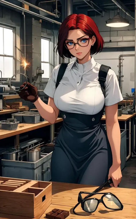 (style of OsamuTezuka:1.5), American Glassblower (Mid 20th Century): A (Glamorous chocolate-box young woman with Heavy Breasts and Tall body feeling Bad:1.3) with short red hair, blue eyes, fair skin, athletic build, wearing a simple, heat-resistant (work dress:1.2), often gray or black, with a heavy apron and protective gloves, (safety glasses:1.1). She works in an industrial glassblowing workshop, marked by the minimalist design elements of the time, with visible piping, metal tools, molten glass in a towering furnace, and a workspace filled with finished glass objects that capture and reflect the light.