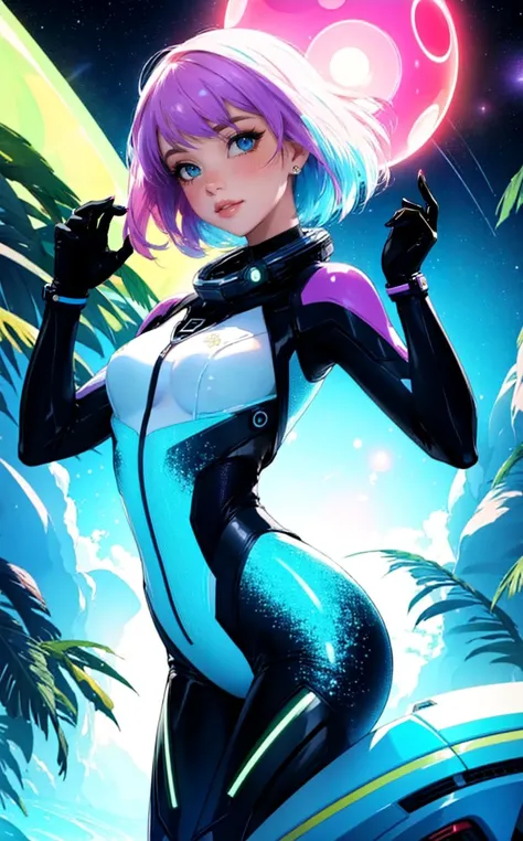 (sexy fashion photo style of [Cathleen McAllister|Ilya Kuvshinov|Loish|Daniela Uhlig|Ross Tran]:1.4),  A woman space explorer explores a lush alien planet, surrounded by bioluminescent flora and floating rivers, her suit blending with the environment's vibrant hues.