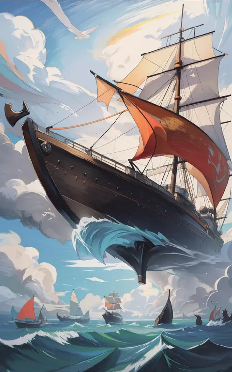 (style of Color Pencils:1.5), Viking longships sailing through sky-borne rivers among the clouds