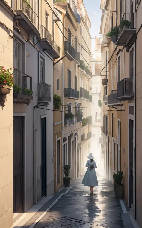 (style of 3D Renderings:1.5),  (style of Fan Ho), [vibrant Lisbon lightplay:urban texture:0.8] composition, capturing a mesmerizing moment of a woman moving through a narrow alley in Lisbon, Portugal, her form bathed in the interplay of light and shadow. Her attire, a simple yet elegant dress, mirrors the myriad of pastel hues that adorn the city's buildings, its fabric catching the sunlight that filters through the alley, creating a dynamic silhouette against the cobblestones. Her presence is accentuated by the subtle, intricate patterns of the azulejo tiles that line the walls around her, their historic designs a testament to Portuguese artistry. The scene is set within the labyrinthine hilly streets of Lisbon, where every turn reveals a new vista of architectural beauty and light. The composition focuses on the stark contrasts and soft transitions between light and shadow, crafting a narrative of exploration and discovery. The woman's path through the alley, bordered by the unique textures and colors of Lisbon's urban landscape, becomes a journey through a city alive with history and vibrant energy. This photograph captures a fleeting moment of connection between the subject and her surroundings, where the interplay of light and shadow tells a story of the day's beginning or end. It's a celebration of Lisbon's architectural charm, from the variegated pastel-colored buildings to the decorative azulejo tiles that offer a glimpse into the past. The image is a poetic reflection on the beauty of the mundane, transforming an ordinary walk through the city into an extraordinary exploration of light, texture, and color.