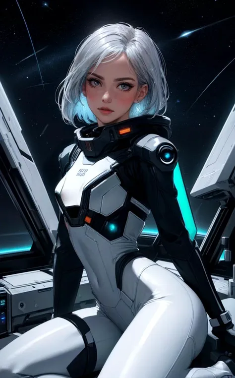 (telephoto sexy portrait, style of [Hasselblad|Ilya Kuvshinov|Annie Leibovitz|Mario Testino]:1.5), [[[dynamic pose]]], solo-focus, (beautiful young skinny caucasian adult woman sitting in spaceship cockpit looking over shoulder at viewer:1.2), (over the shoulder:1.1), (movie still:1.1), side view, (spaceship cockpit:1.1), glowing holographic instruments, (beautiful face:1.11), from behind, smart fabric flightsuit:1.1, lightweight structured jacket with sharp geometric lines, utility belt, kneehigh boots, fingerless gloves, (large spaceship cockpit with highly polished flooring and stellar view), backlit hair, perfect face, feminine physique, (pale freckles:0.6), (black and silver accents), perfect eyes, (studio lighting:0.3), low key, joystick++, thin pouting lips, (white++ bob hair, ombre tips:1.2), wide set soft+ turquoise++ eyes, skin pores, (small retrousse nose:1.2), (pale skin), supernova, ultra detailed, (Intricate Environment)++, best quality, masterpiece, dramatic angle, highest detailed face, eyelid shimmer makeup, silver eyeshadow, iridescent cheekbones, muted rose lips, deep space blue, (volumetric lighting:1.1), (available light:0.7), BREAK, starlight silver, nebula pink, black hole black, planetary rings, asteroid clusters, geometric shapes, angular contours, Holographic control panels, chiaroscuro effects, reflective surfaces, starfilled skies, distant galaxies, shimmering surfaces, iridescent scifi materials, clean lines, modernistic details, 8k, best quality, masterpiece