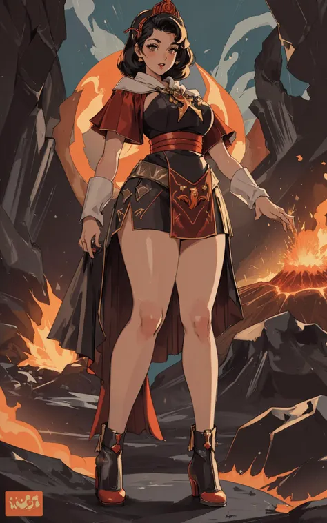 On a volcanic island, seen from a village path, the Giantess Goddess with fiery orange skin and lava-red eyes strides through in a gown of molten lava. Her touch incinerates everything it meets, and she relishes the agony of her victims as they are pressed against her scorching body.