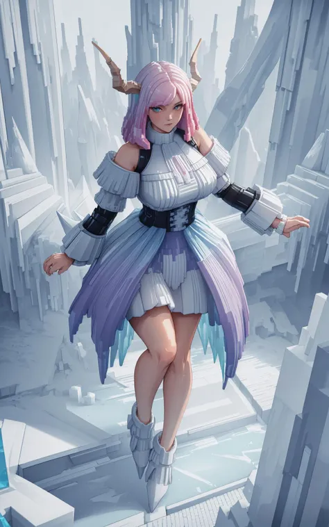 (style of Voxel:1.5),  (sexy, masterpiece, wide angle, cinematic establishing shot, young adult european woman, highly detailed background:1.2), volumetric lighting, subsurface scattering, dynamic pose, (special effects, color grading, fantasy aura), (Ice Wyrm:1.4), Coiling through a blizzard, serpentine form, cold color palette