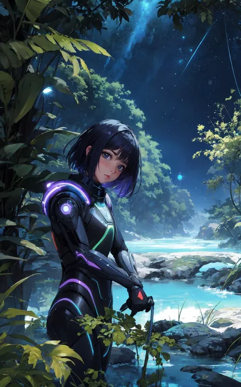 A woman space explorer explores a lush alien planet, surrounded by bioluminescent flora and floating rivers, her suit blending with the environment's vibrant hues. ,(Layered Depth, Parallax Effect, Soft focus foreground, Painted Scenery:1.3),(style of [Ilya Kuvshinov|Annie Leibovitz]:1.5),