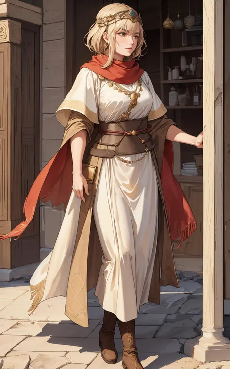 (style of Algorithmic Art:1.5), (Ancient Silk Road Caravan Leader (1st Century BCE to 1st Century CE:1.4), A woman in her mid-40s, her physique weathered yet sturdy from years of travel. Her hair, a sun-lightened brown, is kept under a scarf for protection against the desert sun. Her clothing is a mix of practical and ornate, including a long tunic belted at the waist, over which she wears a cloak, and sturdy boots, her attire reflecting the blend of cultures along the Silk Road.
