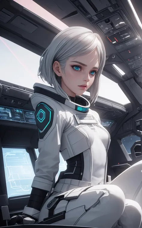 (style of 3D Sculpting:1.5),  (over the shoulder:1.1), movie still, side view, spaceship cockpit, beautiful young skinny auburn caucasian adult woman sitting in spaceship cockpit looking over shoulder at viewer, glowing holographic instruments, (beautiful face:1.11), from behind, smart fabric jumpsuit:1.3, lightweight structured jacket with sharp geometric lines, utility belt, kneehigh boots, fingerless gloves, (large spaceship cockpit with highly polished flooring and stellar view), backlit hair, perfect face, (pale freckles:0.6), (black and silver accents), perfect eyes, (studio lighting:0.3), low key, thin pouting lips, (white bob hair, ombre++ hair:1.2), wide set soft+ turquoise++ eyes, skin pores, (small retrousse nose:1.2), (pale skin), ultra detailed, (Intricate Environment)++, best quality, masterpiece, dramatic angle, highest detailed face, eyelid shimmer makeup, silver eyeshadow, iridescent cheekbones, muted rose lips, deep space blue, BREAK, starlight silver, nebula pink, and black hole black, planetary rings, asteroid clusters, geometric shapes, angular contours, Holographic control panels, chiaroscuro effects, reflective surfaces, starfilled skies, distant galaxies, Chrome finishes, brushed steel, shimmering surfaces, iridescent materials, Minimalist design, clean lines, modernistic details, 8k, best quality, masterpiece, (covered Large Breasts:0.9)