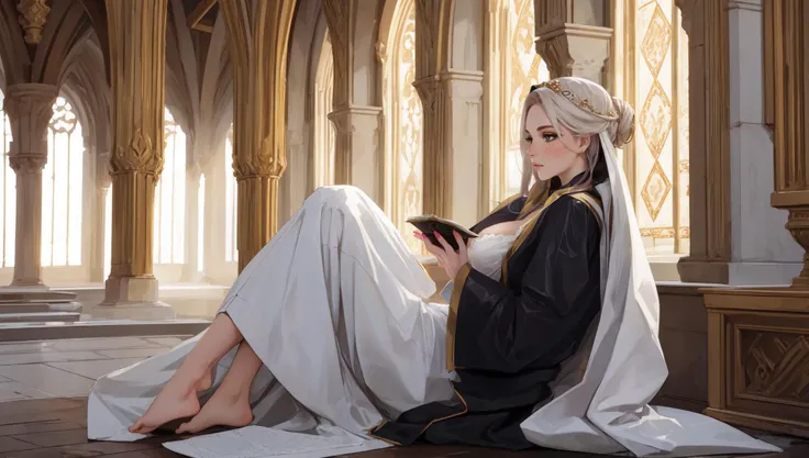 (photorealistic, fashion photo:1.5), (composition of golden spiral:0.6), sexy legs apart, incredible scenery, (Scribe in a Monastic Scriptarium (8th Century:1.4), A woman in her early 20s, her slender fingers skilled from years of meticulous work. Her hair, in an updo, is neatly tucked under a simple veil, as is customary in her monastic life. She wears the plain but dignified robes of her order, usually in undyed wool, signifying her devotion to her spiritual and scholarly pursuits.