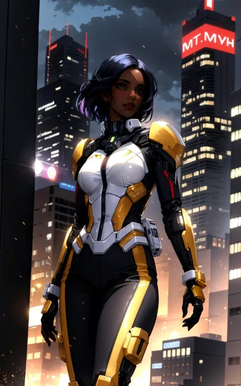 (sexy fashion photo style of [Cathleen McAllister|Ilya Kuvshinov|Loish|Daniela Uhlig|Ross Tran]:1.4),  safe_pos (intense dramatic lighting), ((darkskinned woman in scifi militarystyle uniform standing in front of mechatank)), sharp angles, embellished with intricate gold braiding and medals, commanding posture, (dystopian cityscape in the background), ominous clouds, deep shadows, sense of urgency and power,