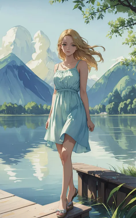 (style of Tempera:1.5), (scenic outdoor lake setting), (sunlit pier), young adult woman, casual summer fashion, ((dipping legs into the lake)), relaxed pose, breezy hairstyle, subtle makeup, (lightweight fabric, flowing dress), nature-inspired colors, serene expression, (background: lush greenery, distant mountains), warm afternoon light, (sense of tranquility and connection with nature)