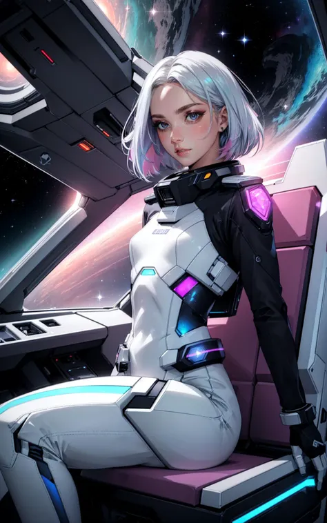 (sexy fashion photo style of [Cathleen McAllister|Ilya Kuvshinov|Loish|Daniela Uhlig|Ross Tran]:1.4),  safe_pos (beautiful young skinny caucasian adult woman sitting in spaceship cockpit looking over shoulder at viewer:1.2), (over the shoulder:1.1), (movie still:1.1), side view, (spaceship cockpit:1.1), glowing holographic instruments, (beautiful face:1.11), from behind, smart fabric flightsuit:1.1, lightweight structured jacket with sharp geometric lines, utility belt, kneehigh boots, fingerless gloves, (large spaceship cockpit with highly polished flooring and stellar view), backlit hair, perfect face, feminine physique, (pale freckles:0.6), (black and silver accents), perfect eyes, (studio lighting:0.3), low key, joystick++, thin pouting lips, (white++ bob hair, ombre tips:1.2), wide set soft+ turquoise++ eyes, skin pores, (small retrousse nose:1.2), (pale skin), supernova, ultra detailed, (Intricate Environment)++, best quality, masterpiece, dramatic angle, highest detailed face, eyelid shimmer makeup, silver eyeshadow, iridescent cheekbones, muted rose lips, deep space blue, (volumetric lighting:1.1), (available light:0.7), BREAK, starlight silver, nebula pink, black hole black, planetary rings, asteroid clusters, geometric shapes, angular contours, Holographic control panels, chiaroscuro effects, reflective surfaces, starfilled skies, distant galaxies, shimmering surfaces, iridescent scifi materials, clean lines, modernistic details, 8k, best quality, masterpiece