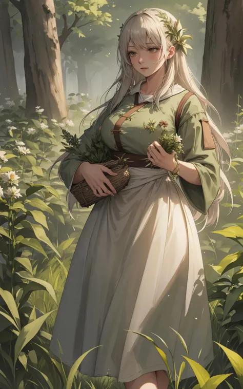(style of Data-Moshing:1.5), (Wandering Herbalist:1.4), (covered Heavy Breasts:0.81), Wild meadows, herbal pouches, botanical knowledge, nature's bounty