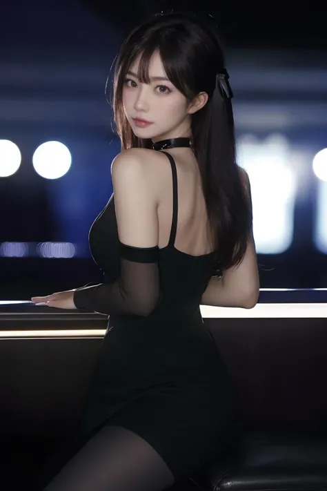 masterpiece, high quality,1girl, sitting, short dress, nightclub, shiny skin, choker, hair ribbon, pantyhose, arms behind back, crossed legs, <lora:xwwww_v2-000006:0.6>,dark backround <lora:lowkey_v1.1:1>