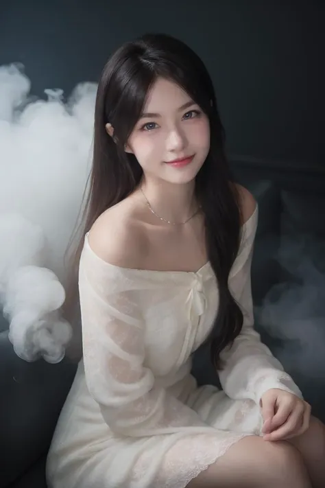 masterpiece, high quality,1girl,<lora:xwwww_v2-000006:0.55>, dress, sitting, looking at viewer, smile,HyperSmoke, award winning portrait photo of an young norwegian woman,dark backround <lora:lowkey_v1.1:1>