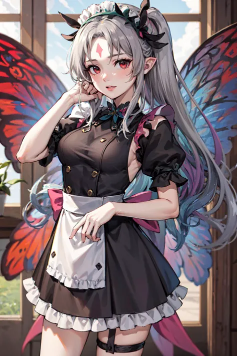 Masterpiece, absurdres, best quality, plumeria, maid, standing, forehead Mark, wings, <lora:plumeria:0.8>