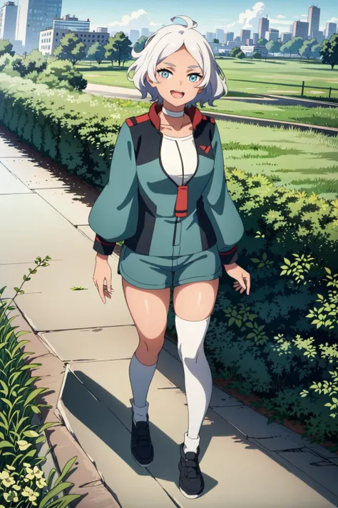 best quality,masterpiece,highres,original,extremely detailed 8K wallpaper,city,walking,solo,grass,<lyco:雌大鬼locon:0.75>,cidagui, solo, 1girl, full body,White knee socks, looking at viewer, open mouth, smile, standing, white choker