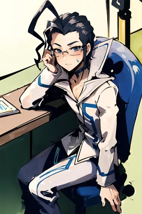 Cipherein,1boy,ahoge,glasses,sitting,slouched,on chair,hand on table, <lora:CipherEin-10:0.8>
