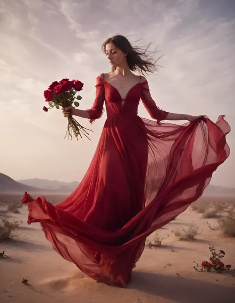 In a surrealist still life photograph, the enigmatic Eleonora, clad in an ethereal crimson gown that swirls around her like a dance of shadows, floats above a barren desert expanse, holding a bouquet of wilting roses with delicate fingers, as the soft focus lens captures her suspended silhouette amidst a dreamlike haze. <lora:tnrqis18fcaf41be9m9c:1>