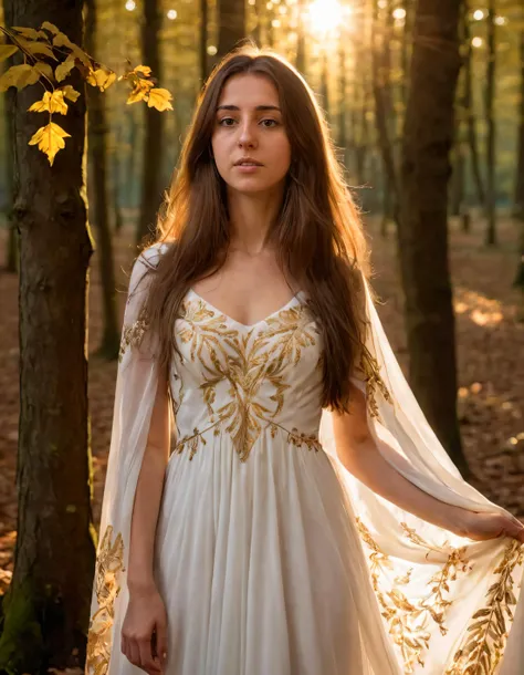 Eleonora, a captivating woman with long brown hair and expressive eyes, stands alone in an enchanting forest, her flowing white gown with gold embroidery accentuating her poise as the setting sun casts a warm glow on her, highlighting the magical quality of the canopy of leaves above and the ethereal atmosphere of the woodland. <lora:tnrqis18fcaf41be9m9c:1>