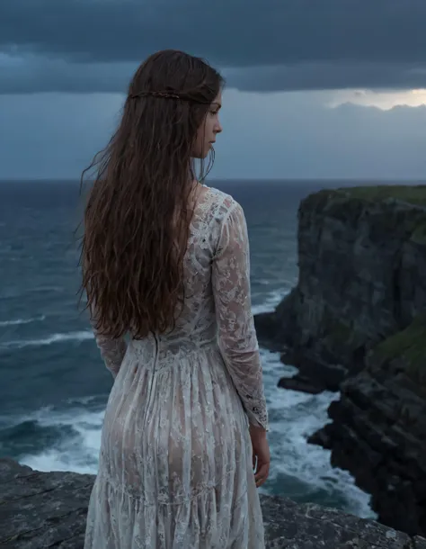 A lone Eleonora, clad in an antique lace dress with her turned back to the camera, stands atop a crumbling cliff during twilight, gazing out over a stormy sea below as the wind whispers through her long hair and the first drops of rain begin to fall. <lora:tnrqis18fcaf41be9m9c:1>