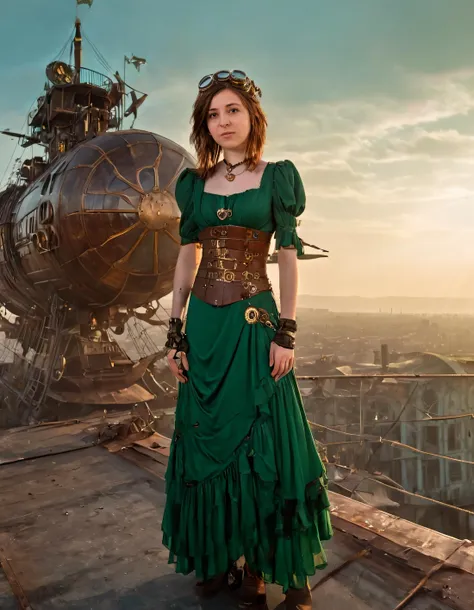 With a determined expression, the lone girl named Eleonora, with a cascade of chestnut-brown hair and clad in a flowing emerald dress embellished with intricate gears and brass accents, stands solo atop an abandoned airship as the sun dips below the smoky horizon of the steampunk-inspired, post-apocalyptic cityscape, her gaze fixed on the distant, war-torn landscape. <lora:tnrqis18fcaf41be9m9c:1>