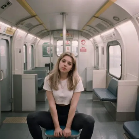 blondie girl sitting in metro, yoga leggings, <lora:arrisr2:0.4>, 16mm, arri-sr-2film, cinestill, film, kodak, vintage, overexposed