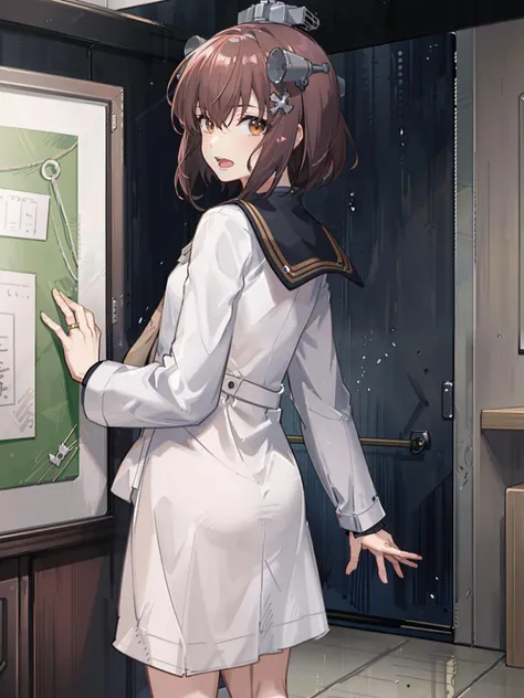 yukikaze \(kancolle\), 1girl, solo, shirt, red shirt, sailor collar, dress, sailor shirt, looking back, grey sailor collar, cowboy shot, looking at viewer, white dress, open mouth, from behind, arms behind back, long sleeves, original, intricate detail, illustration, masterpiece, extremely detailed CG unity 8k wallpaper, highlight, sharpening, dynamic, <lora:Yukikaze-2:0.5>