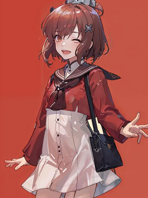 yukikaze \(kancolle\), 1girl, solo, one eye closed, dress, brown neckerchief, red shirt, sailor collar, shirt, neckerchief, white dress, open mouth, sailor shirt, simple background, looking at viewer, cowboy shot, sailor dress, grey sailor collar, smile, long sleeves, original, intricate detail, illustration, masterpiece, extremely detailed CG unity 8k wallpaper, highlight, sharpening, dynamic, <lora:Yukikaze-2:0.5>