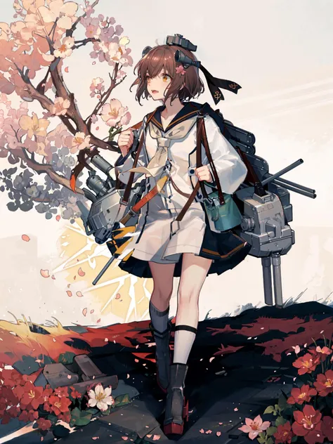 yukikaze \(kancolle\), 1girl, solo, grey neckerchief, rudder footwear, sailor dress, dress, flower, neckerchief, white background, sailor collar, binoculars, speaking tube headset, full body, torpedo launcher, simple background, black sailor collar, socks, turret, cherry blossoms, machinery, white dress, kneehighs, standing, rigging, long sleeves, adapted turret, blue sailor collar, torpedo tubes, open mouth, anchor symbol, torpedo, original, intricate detail, illustration, masterpiece, extremely detailed CG unity 8k wallpaper, highlight, sharpening, dynamic, <lora:Yukikaze-2:0.5>