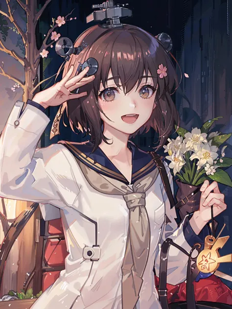 yukikaze \(kancolle\), 1girl, cherry blossoms, solo, dress, sailor dress, sailor collar, flower, grey neckerchief, neckerchief, salute, open mouth, long sleeves, necktie, upper body, white dress, smile, grey necktie, pink flower, tree, speaking tube headset, anchor symbol, looking at viewer, black sailor collar, original, intricate detail, illustration, masterpiece, extremely detailed CG unity 8k wallpaper, highlight, sharpening, dynamic,  <lora:Yukikaze-2:0.5>