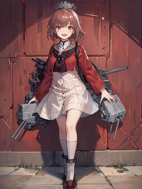 yukikaze \(kancolle\), 1girl, solo, dress, shirt, red shirt, full body, sailor collar, rudder footwear, neckerchief, brown neckerchief, white dress, open mouth, sailor shirt, socks, turret, long sleeves, white background, grey sailor collar, kneehighs, sailor dress, machinery, smile, simple background, binoculars, torpedo launcher, grey neckerchief, black socks, original, intricate detail, illustration, masterpiece, extremely detailed CG unity 8k wallpaper, highlight, sharpening, dynamic,  <lora:Yukikaze-2:0.5>