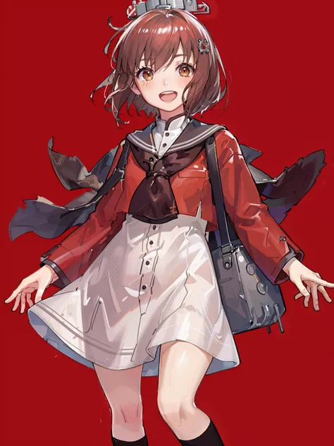 yukikaze \(kancolle\), 1girl, solo, sailor collar, dress, brown neckerchief, white background, sailor shirt, white dress, red shirt, simple background, shirt, upper teeth only, neckerchief, open mouth, teeth, grey sailor collar, socks, smile, sailor dress, kneehighs, black socks, long sleeves, round teeth, looking at viewer, grey neckerchief, cowboy shot, original, intricate detail, illustration, masterpiece, extremely detailed CG unity 8k wallpaper, highlight, sharpening, dynamic, <lora:Yukikaze-2:0.5>
