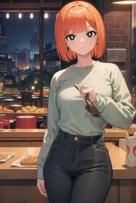 yorumac, <lyco:yorumacv2-lyco-nochekaiser:1>,
yoru mac, short hair, bangs, (black eyes:1.5), blunt bangs, orange hair, bob cut, smile, (bright pupils:1.5),
BREAK shirt, long sleeves, pants, sweater, grey pants,
BREAK looking at viewer, (cowboy shot:1.5),
BREAK indoors, restaurant,
BREAK <lyco:GoodHands-beta2:1>, (masterpiece:1.2), best quality, high resolution, unity 8k wallpaper, (illustration:0.8), (beautiful detailed eyes:1.6), extremely detailed face, perfect lighting, extremely detailed CG, (perfect hands, perfect anatomy),