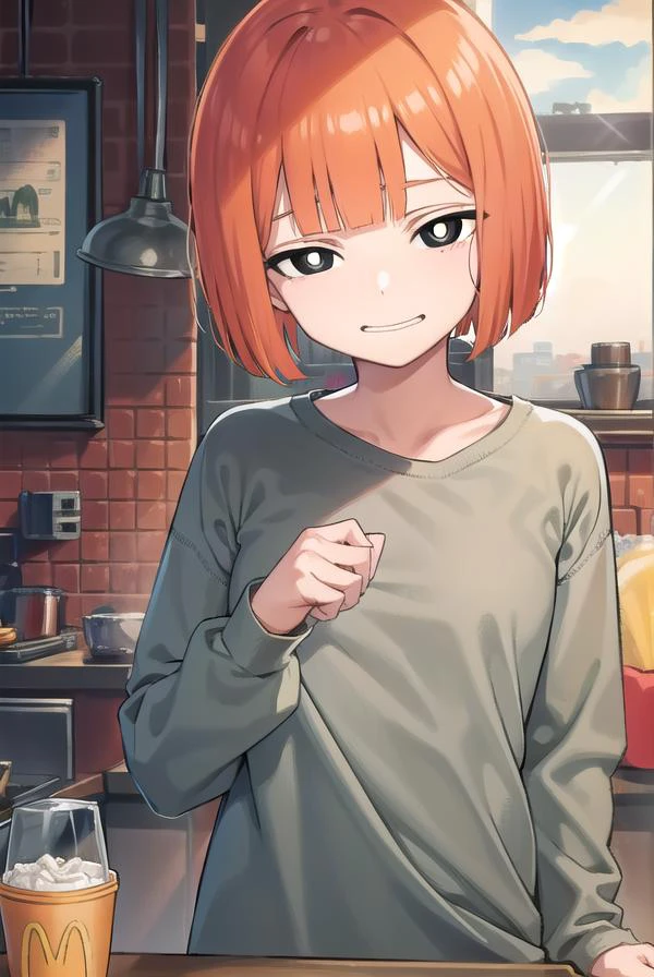 yorumac, <lyco:yorumacv2-lyco-nochekaiser:1>,
yoru mac, short hair, bangs, (black eyes:1.5), blunt bangs, orange hair, bob cut, smile, (bright pupils:1.5), <lora:sensualface_type2:1>, smile, <lora:smirkingmouth_v100:1>, open mouth,
BREAK shirt, long sleeves, pants, sweater, grey pants,
BREAK looking at viewer, (cowboy shot:1.5),
BREAK indoors, restaurant,
BREAK <lyco:GoodHands-beta2:1>, (masterpiece:1.2), best quality, high resolution, unity 8k wallpaper, (illustration:0.8), (beautiful detailed eyes:1.6), extremely detailed face, perfect lighting, extremely detailed CG, (perfect hands, perfect anatomy),