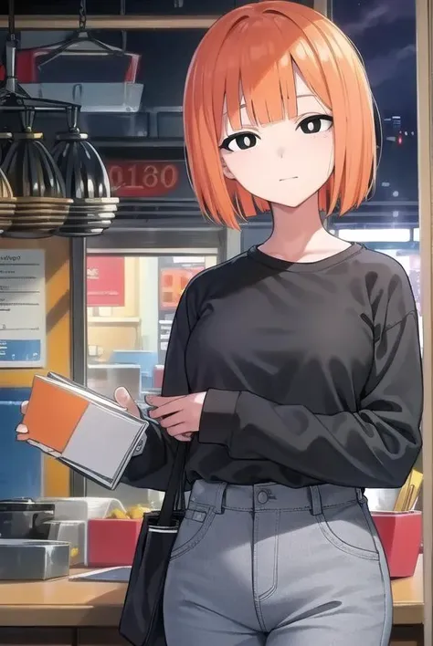 yorumac, <lyco:yorumacv2-lyco-nochekaiser:1>,
yoru mac, short hair, bangs, (black eyes:1.5), blunt bangs, orange hair, bob cut, smile, (bright pupils:1.5), <lora:sensualface_type2:1>, smile, <lora:smirkingmouth_v100:1>, open mouth,
BREAK shirt, long sleeves, pants, sweater, grey pants,
BREAK looking at viewer, (cowboy shot:1.5),
BREAK indoors, restaurant,
BREAK <lyco:GoodHands-beta2:1>, (masterpiece:1.2), best quality, high resolution, unity 8k wallpaper, (illustration:0.8), (beautiful detailed eyes:1.6), extremely detailed face, perfect lighting, extremely detailed CG, (perfect hands, perfect anatomy),