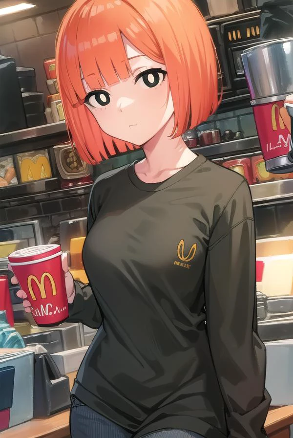yorumac, <lyco:yorumacv2-lyco-nochekaiser:1>,
yoru mac, short hair, bangs, (black eyes:1.5), blunt bangs, orange hair, bob cut, smile, (bright pupils:1.5),
BREAK shirt, long sleeves, pants, sweater, grey pants,
BREAK looking at viewer, (cowboy shot:1.5),
BREAK indoors, restaurant,
BREAK <lyco:GoodHands-beta2:1>, (masterpiece:1.2), best quality, high resolution, unity 8k wallpaper, (illustration:0.8), (beautiful detailed eyes:1.6), extremely detailed face, perfect lighting, extremely detailed CG, (perfect hands, perfect anatomy),