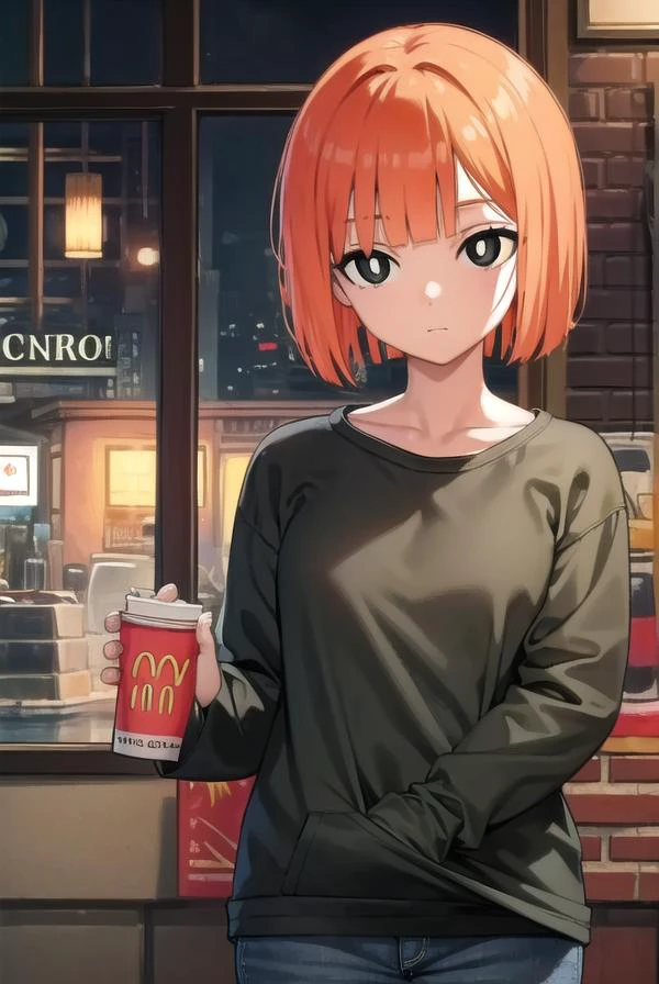 yorumac, <lyco:yorumacv2-lyco-nochekaiser:1>,
yoru mac, short hair, bangs, (black eyes:1.5), blunt bangs, orange hair, bob cut, smile, (bright pupils:1.5),
BREAK shirt, long sleeves, pants, sweater, grey pants,
BREAK looking at viewer, (cowboy shot:1.5),
BREAK indoors, restaurant,
BREAK <lyco:GoodHands-beta2:1>, (masterpiece:1.2), best quality, high resolution, unity 8k wallpaper, (illustration:0.8), (beautiful detailed eyes:1.6), extremely detailed face, perfect lighting, extremely detailed CG, (perfect hands, perfect anatomy),
