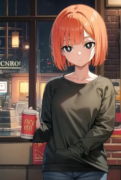 yorumac, <lyco:yorumacv2-lyco-nochekaiser:1>,
yoru mac, short hair, bangs, (black eyes:1.5), blunt bangs, orange hair, bob cut, smile, (bright pupils:1.5),
BREAK shirt, long sleeves, pants, sweater, grey pants,
BREAK looking at viewer, (cowboy shot:1.5),
BREAK indoors, restaurant,
BREAK <lyco:GoodHands-beta2:1>, (masterpiece:1.2), best quality, high resolution, unity 8k wallpaper, (illustration:0.8), (beautiful detailed eyes:1.6), extremely detailed face, perfect lighting, extremely detailed CG, (perfect hands, perfect anatomy),