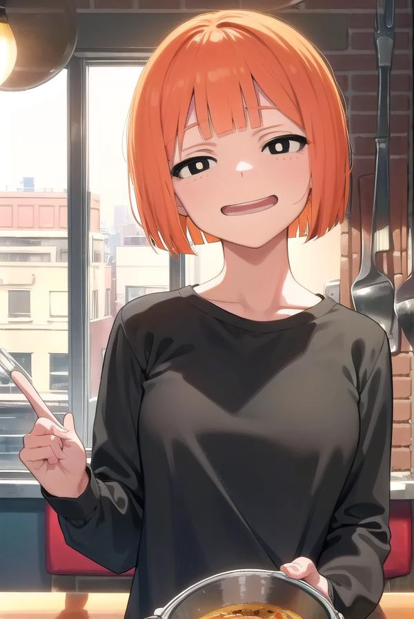 yorumac, <lyco:yorumacv2-lyco-nochekaiser:1>,
yoru mac, short hair, bangs, (black eyes:1.5), blunt bangs, orange hair, bob cut, smile, (bright pupils:1.5), <lora:sensualface_type2:1>, smile, <lora:smirkingmouth_v100:1>, open mouth,
BREAK shirt, long sleeves, pants, sweater, grey pants,
BREAK looking at viewer, (cowboy shot:1.5),
BREAK indoors, restaurant,
BREAK <lyco:GoodHands-beta2:1>, (masterpiece:1.2), best quality, high resolution, unity 8k wallpaper, (illustration:0.8), (beautiful detailed eyes:1.6), extremely detailed face, perfect lighting, extremely detailed CG, (perfect hands, perfect anatomy),