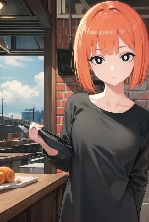 yorumac, <lyco:yorumacv2-lyco-nochekaiser:1>,
yoru mac, short hair, bangs, (black eyes:1.5), blunt bangs, orange hair, bob cut, smile, (bright pupils:1.5),
BREAK shirt, long sleeves, pants, sweater, grey pants,
BREAK looking at viewer, (cowboy shot:1.5),
BREAK indoors, restaurant,
BREAK <lyco:GoodHands-beta2:1>, (masterpiece:1.2), best quality, high resolution, unity 8k wallpaper, (illustration:0.8), (beautiful detailed eyes:1.6), extremely detailed face, perfect lighting, extremely detailed CG, (perfect hands, perfect anatomy),