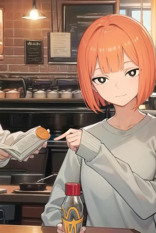 yorumac, <lyco:yorumacv2-lyco-nochekaiser:1>,
yoru mac, short hair, bangs, (black eyes:1.5), blunt bangs, orange hair, bob cut, smile, (bright pupils:1.5), <lora:sensualface_type2:1>, smile, <lora:smirkingmouth_v100:1>, open mouth,
BREAK shirt, long sleeves, pants, sweater, grey pants,
BREAK looking at viewer, (cowboy shot:1.5),
BREAK indoors, restaurant,
BREAK <lyco:GoodHands-beta2:1>, (masterpiece:1.2), best quality, high resolution, unity 8k wallpaper, (illustration:0.8), (beautiful detailed eyes:1.6), extremely detailed face, perfect lighting, extremely detailed CG, (perfect hands, perfect anatomy),