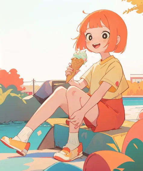 best quality, flat colors, child, open mouth, licking, ice cream, (holding ice cream cone)
blunt bangs, bob cut, orange hair, ears, black eyes, white pupils, yellow shirt, (red skirt), raglan sleeves, short sleeves, white sleeves,
outdoors, sitting, smile
<lora:JPGirlEatIceCreamMix1:0.4>
<lora:ice_cream_unsoftener:0.5>
<lora:McDonaldsAdArtStyle-53:0.6>
<lyco:yorumac-lyco-nochekaiser:0.3>