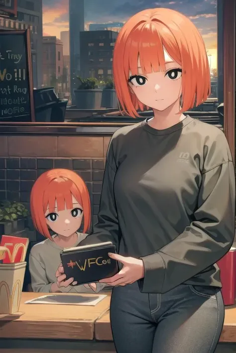 yorumac, <lyco:yorumacv2-lyco-nochekaiser:1>,
yoru mac, short hair, bangs, (black eyes:1.5), blunt bangs, orange hair, bob cut, smile, (bright pupils:1.5),
BREAK shirt, long sleeves, pants, sweater, grey pants,
BREAK looking at viewer, (cowboy shot:1.5),
BREAK indoors, restaurant,
BREAK <lyco:GoodHands-beta2:1>, (masterpiece:1.2), best quality, high resolution, unity 8k wallpaper, (illustration:0.8), (beautiful detailed eyes:1.6), extremely detailed face, perfect lighting, extremely detailed CG, (perfect hands, perfect anatomy),