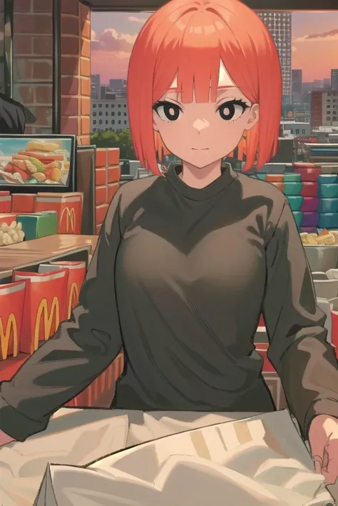 yorumac, <lyco:yorumac-lyco-nochekaiser:1>,
yoru mac, short hair, bangs, (black eyes:1.5), blunt bangs, orange hair, bob cut, smile,
BREAK shirt, long sleeves, pants, sweater, grey pants,
BREAK looking at viewer, full body,
BREAK indoors, restaurant, mcdonalds,
BREAK <lyco:GoodHands-beta2:1>, (masterpiece:1.2), best quality, high resolution, unity 8k wallpaper, (illustration:0.8), (beautiful detailed eyes:1.6), extremely detailed face, perfect lighting, extremely detailed CG, (perfect hands, perfect anatomy),